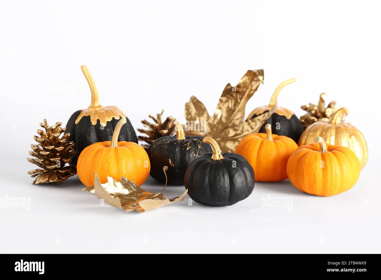 Pumpkins with golden cones and leaves on white background Stock Photo ...