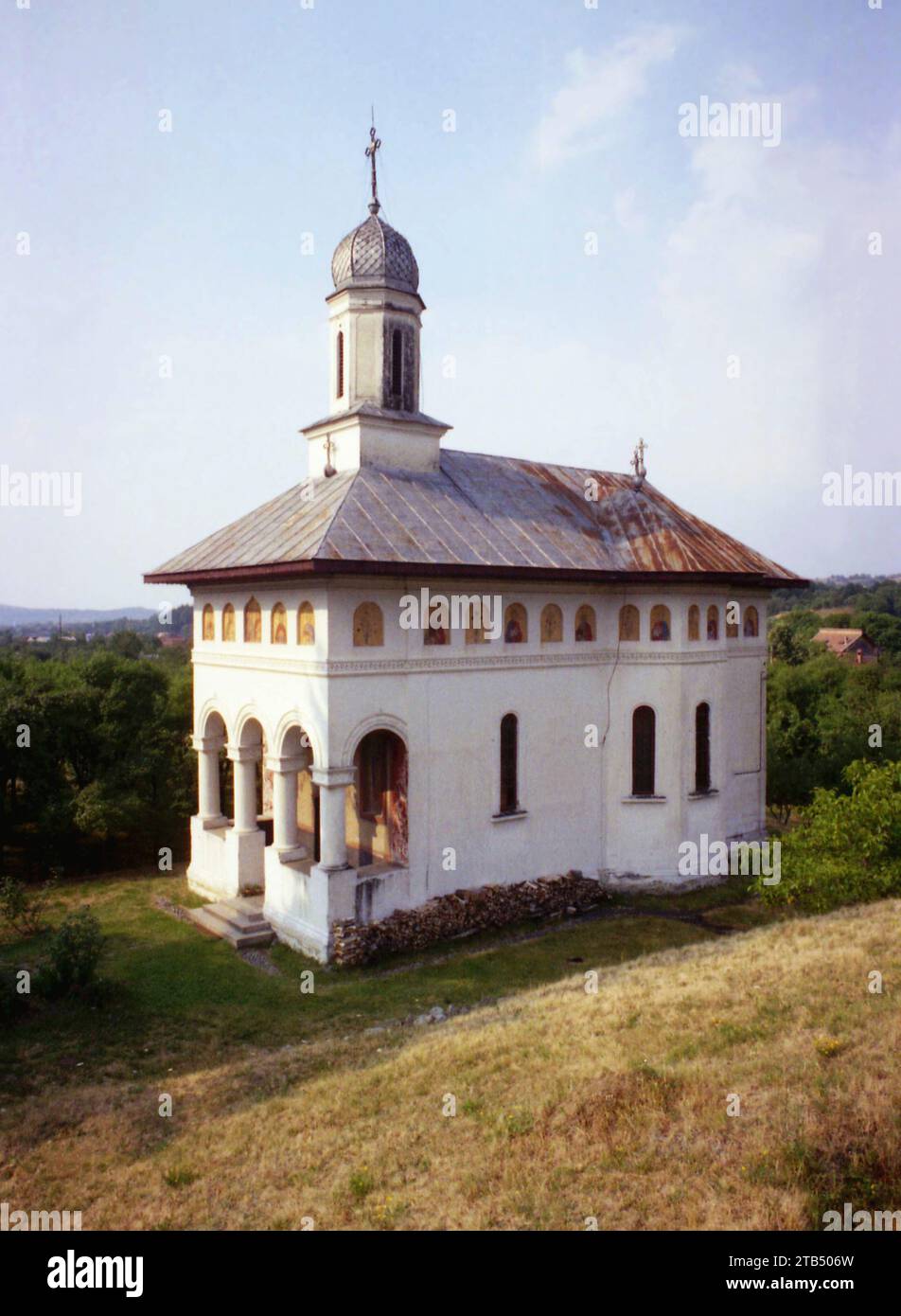 Novaci, Gorj County, Romania, 2001. Exterior view of  'Sfintii Voievozi' Christian orthodox church (b. 1935). Stock Photo