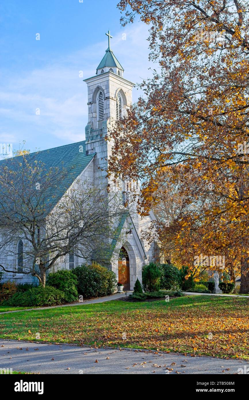 St Joseph’s 1862 Catholic Church surrounded in autumn color leaves in