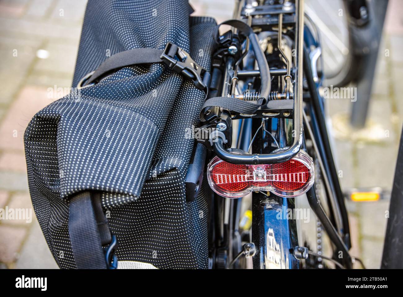 Bicycle bag on a luggage rack on a bicycle Stock Photo