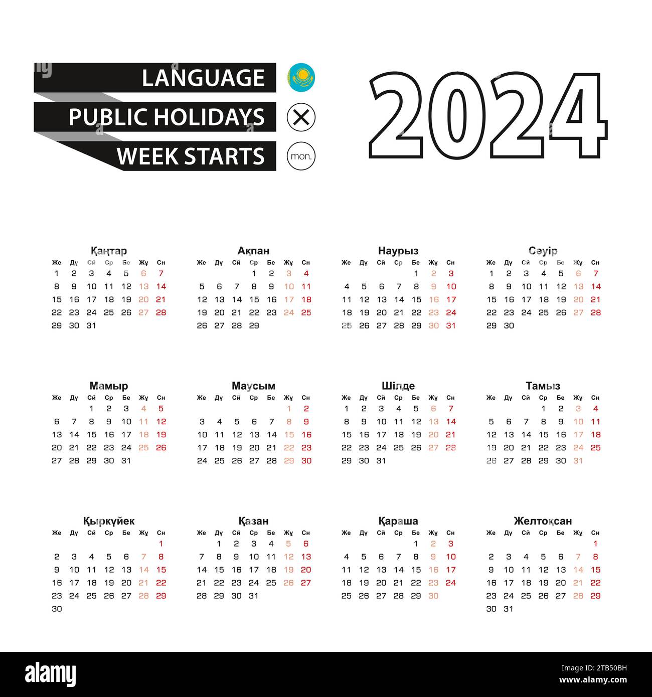 Calendar 2024 in Kazakh language, week starts on Monday. Vector calendar 2024 year. Stock Vector