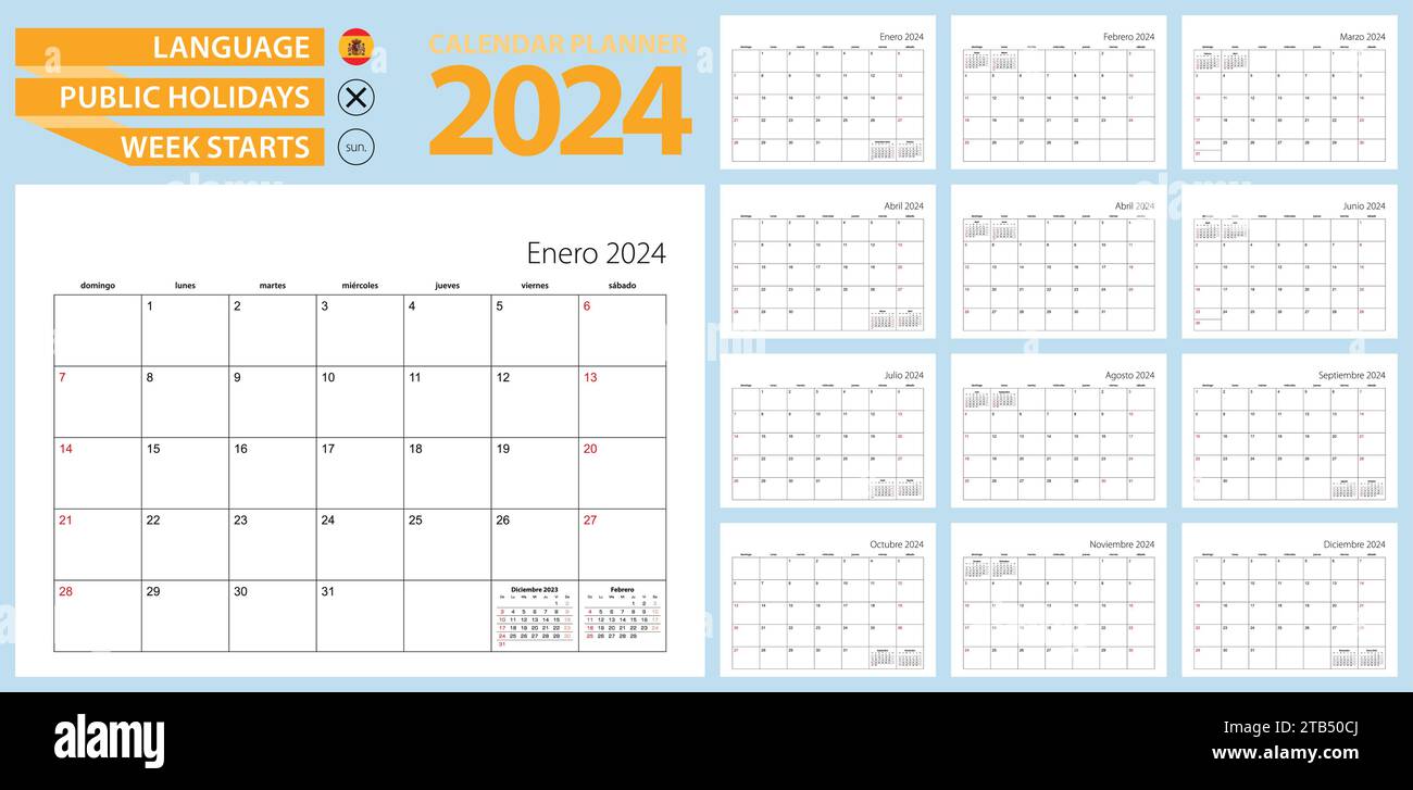 Spanish calendar planner for 2024. Spanish language, week starts from