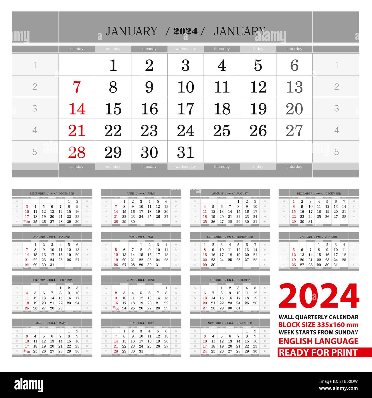 2025 Wall calendar in English languages. Week start from Sunday. Vector