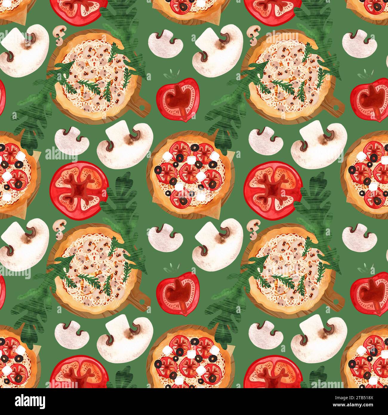 Seamless pizza pattern with mushrooms, tomatoes, olives and arugula