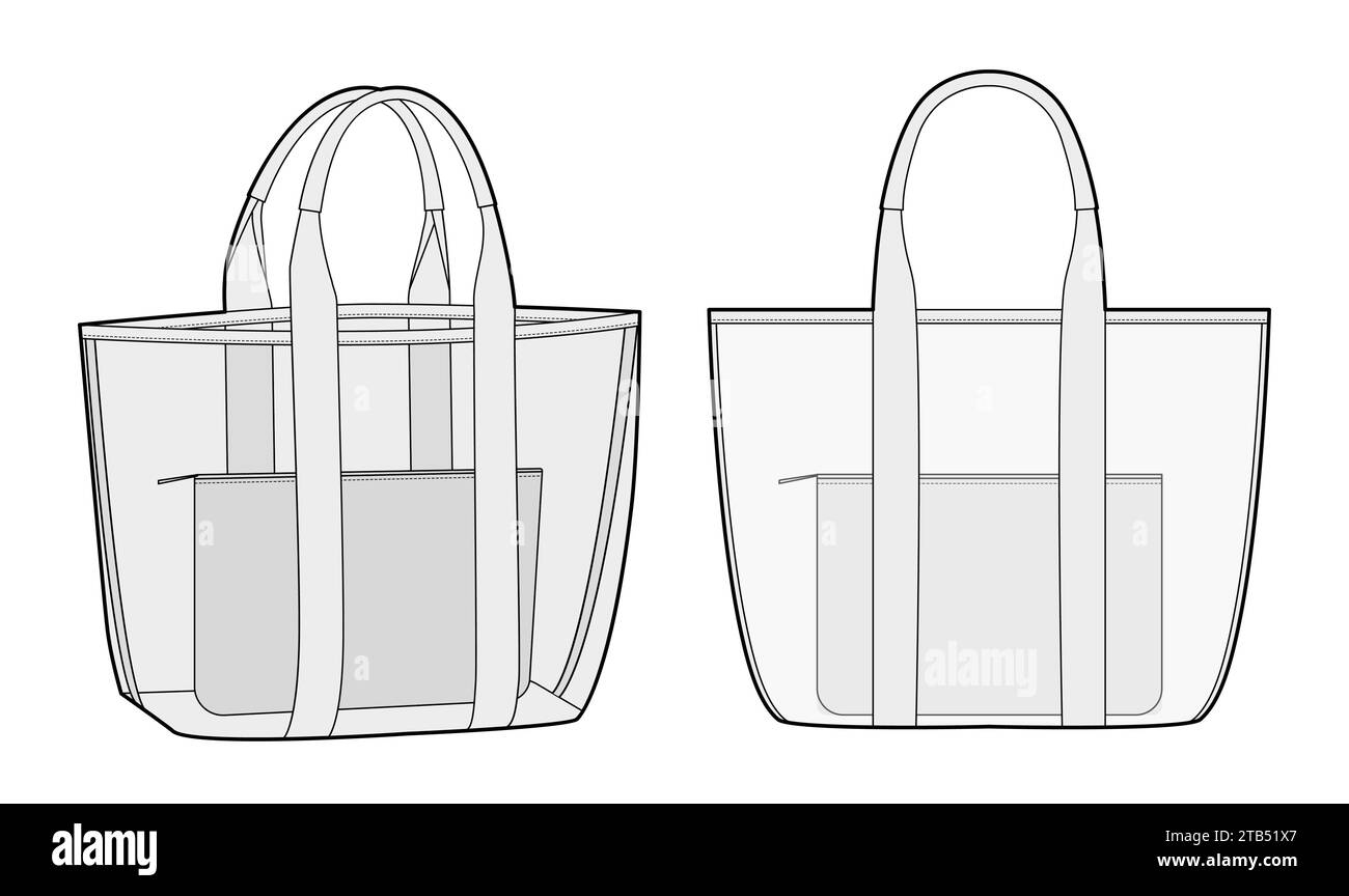 Beach Transparent Pool Tote with inner removable pouch bag. Fashion accessory technical illustration. Vector satchel front 3-4 view for Men women style, flat handbag CAD mockup sketch outline isolated Stock Vector