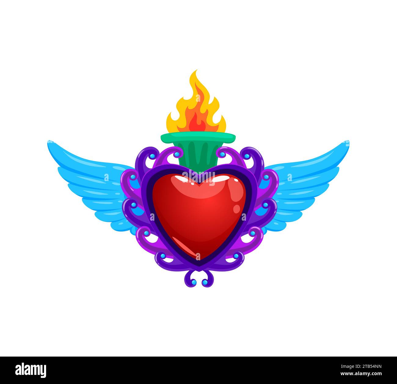 Mexican sacred heart with wings and burning fire, vector tattoo or religious symbol. Sacred heart or Corazon Milagro, Mexican Catholic religion sign with flame torch for Jesus love and divine miracle Stock Vector