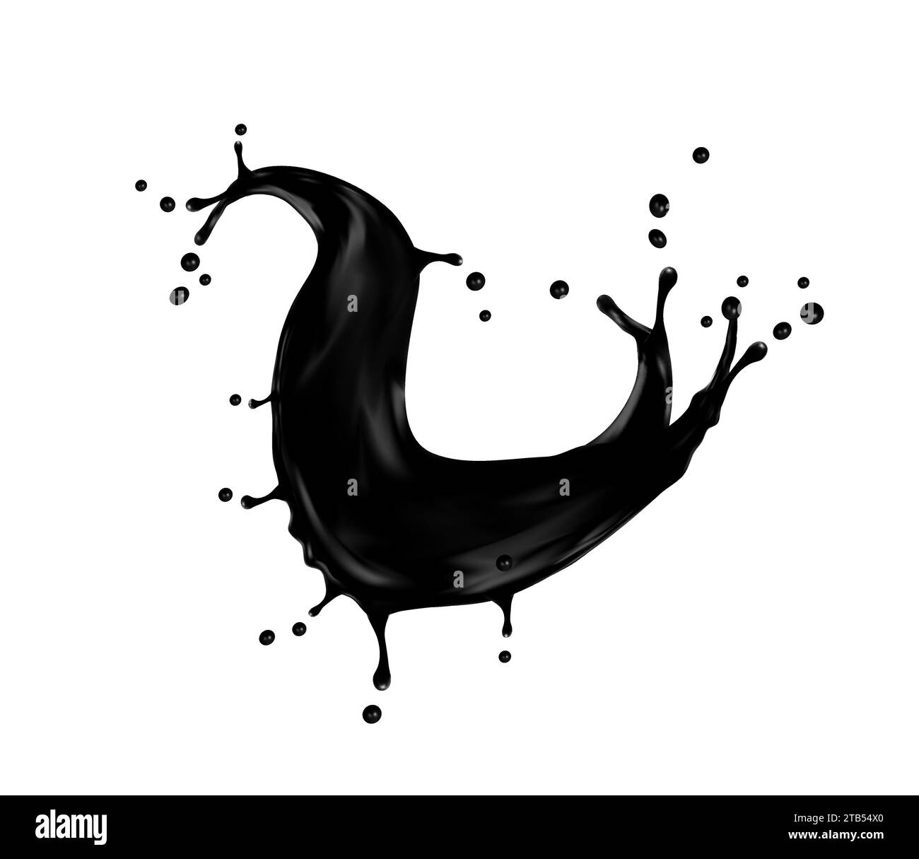 Black oil splash or petrol flow and liquid ink swirl of paint drops splatter, vector background. Black oil wave splash or spill pour of abstract drips and ink droplets swirl, isolated on white Stock Vector