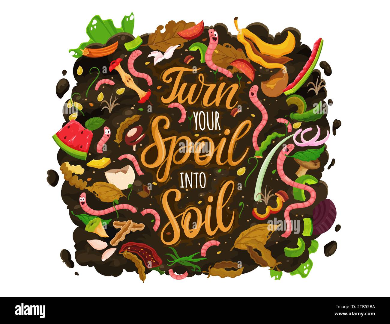 Quote turn your spoil into soil, earth worm characters in compost. Organic waste recycling, earthworm compost or agriculture natural fertilizer vector banner with worms funny personages in food waste Stock Vector