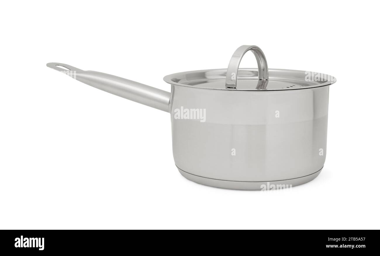 One steel saucepan with strainer lid isolated on white Stock Photo Alamy