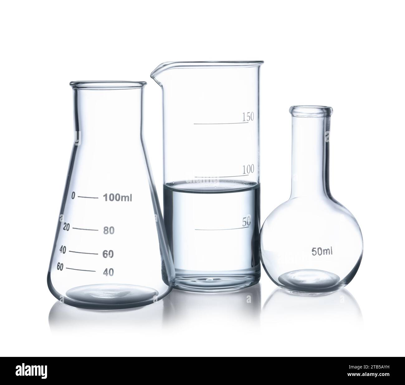 Glass flasks and beaker with water isolated on white Stock Photo Alamy