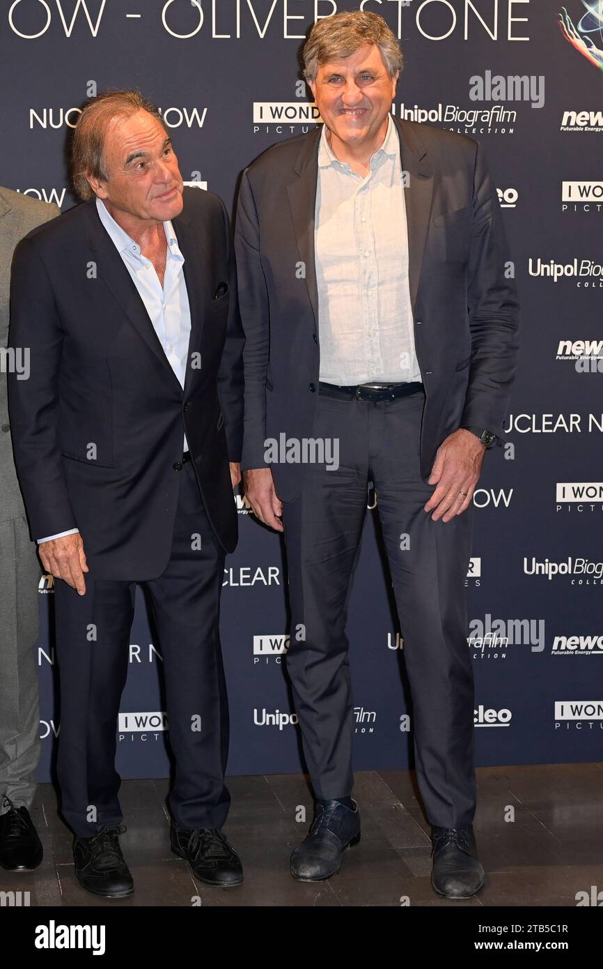 Rome, Italy. 04th Dec, 2023. Oliver Stone (l) and Stefano Buono (r) attend the premiere of movie Nuclear Now at The Space Moderno Cinema. (Photo by Mario Cartelli/SOPA Images/Sipa USA) Credit: Sipa USA/Alamy Live News Stock Photo