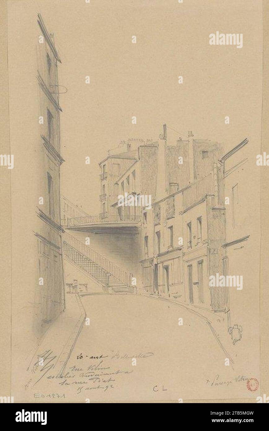 Vue de la rue Vilin vers la rue Piat, par Jules-Adolphe Chauvet, en 1892. Stock Photo