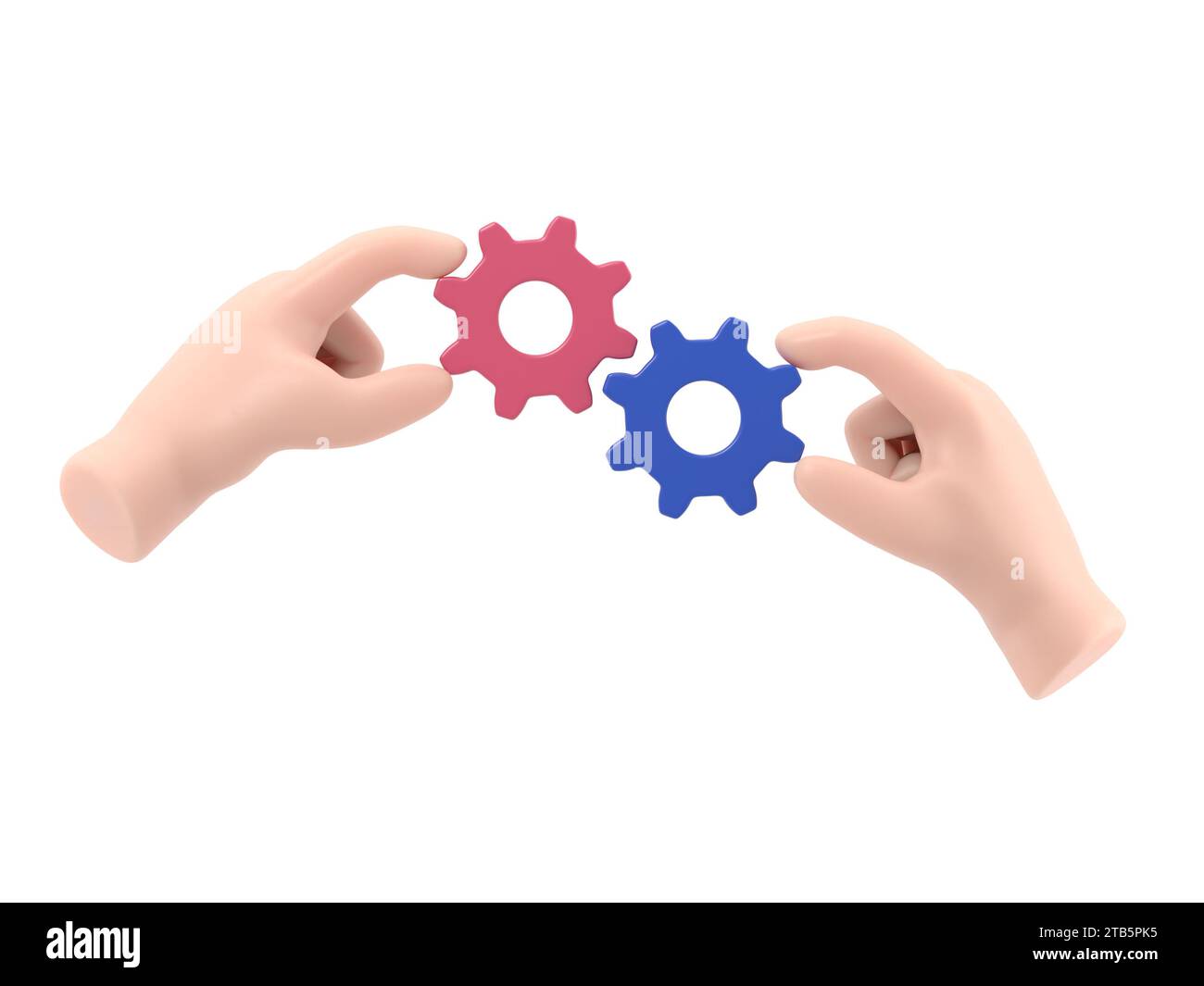 Cartoon Gesture Icon Mockup.Hand drawn 3d illustration of two hands holding cogwheel.3D rendering on white background. Stock Photo