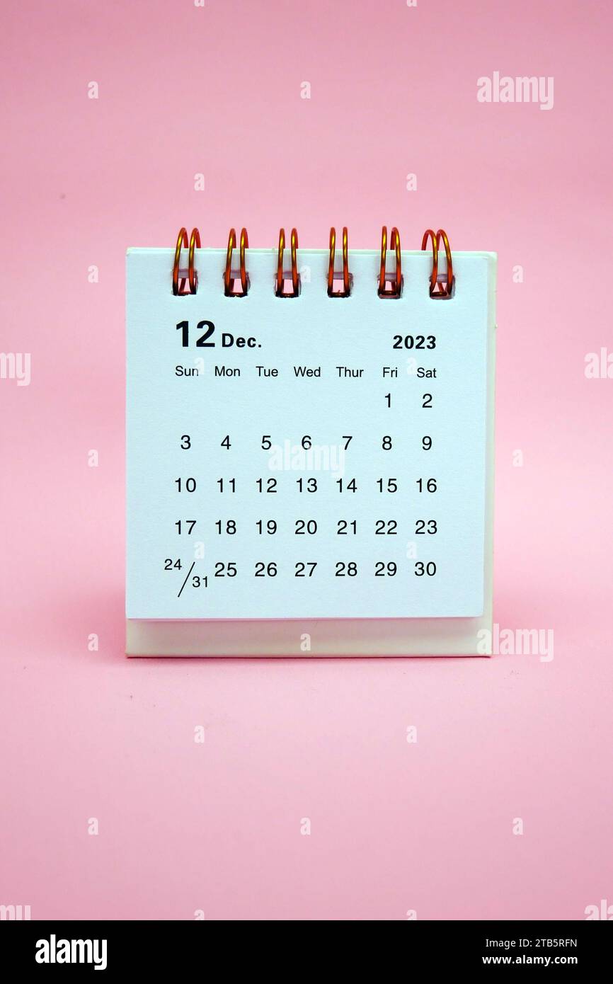 Bye, bye 2023. December 2023 Monthly desk calendar for 2023 year on pink background. Stock Photo