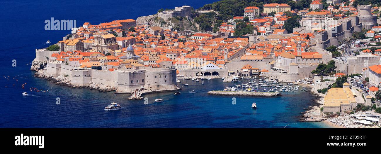 Aerial panoramic view of Dubrovnik Old Town on coast of Adriatic Sea, Croatia, Europe Stock Photo