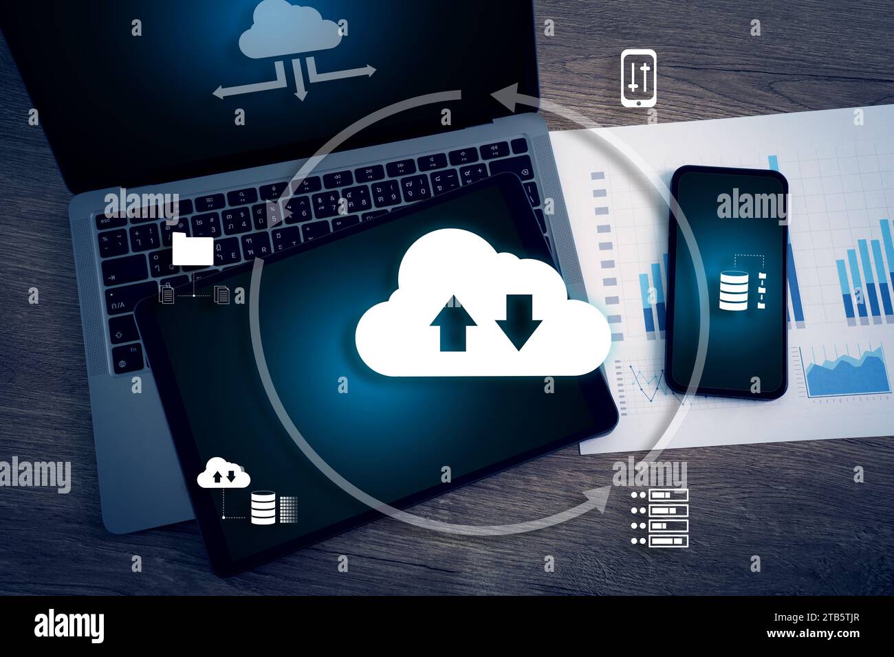 cloud computing business network server storage technology concept laptop computer with cloud network Computer connects Stock Photo