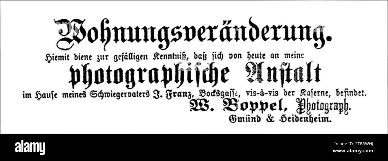 W Boppel - Anzeige aus »Der Bote vom Remsthal« vom 5.12.1869, S.957 (GPh27). Stock Photo