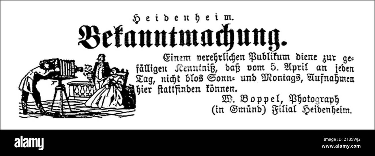 W Boppel - Anzeige aus »Grenzbote«, Heidenheim vom Anf. April 1869 (GPh27). Stock Photo