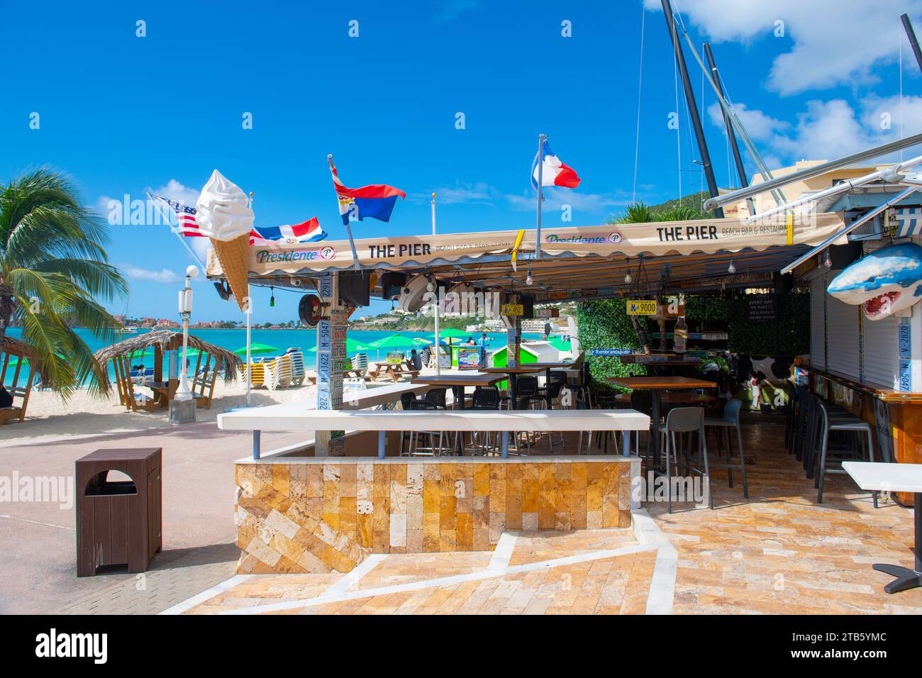 The Pier beach bar and restaurant on Broadwalk at Walter Plantz Wharf in historic center of Philipsburg in Sint Maarten, Dutch Caribbean. Stock Photo