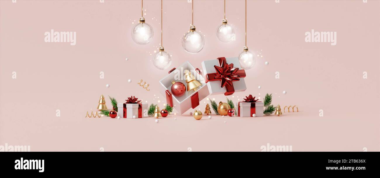 3d Christmas and New Year background. Xmas pine fir lush tree, gifts ...