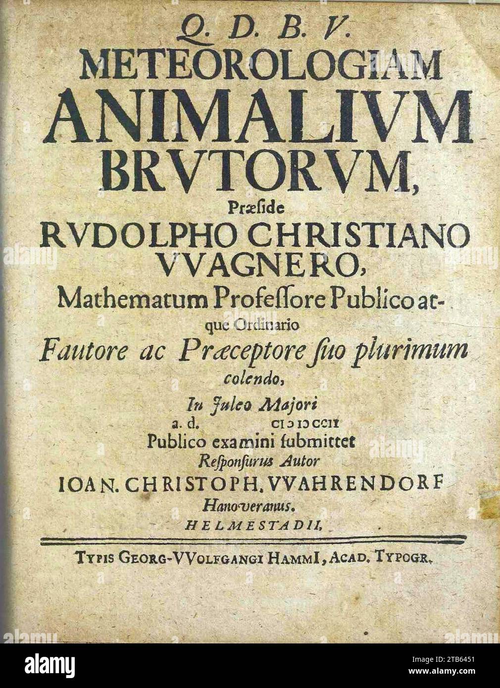 Wagner, Rudolf Christian – Meteorologia animalium brutorum, 1702 – BEIC 8674637. Stock Photo