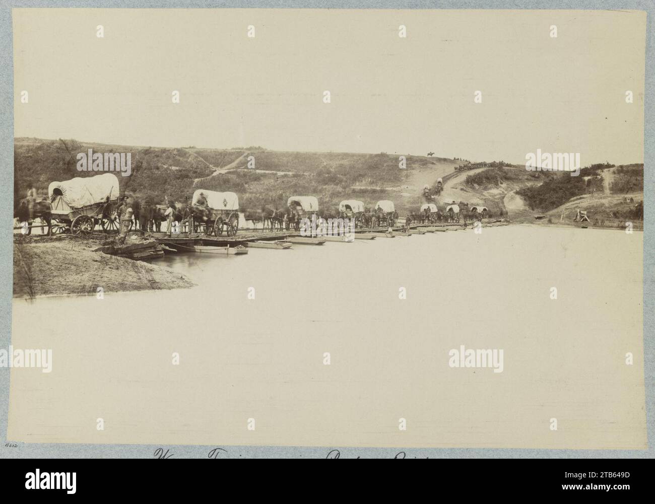 Wagon train crossing pontoon bridge, Rappahannock River, below Fredericksburg, Va Stock Photo