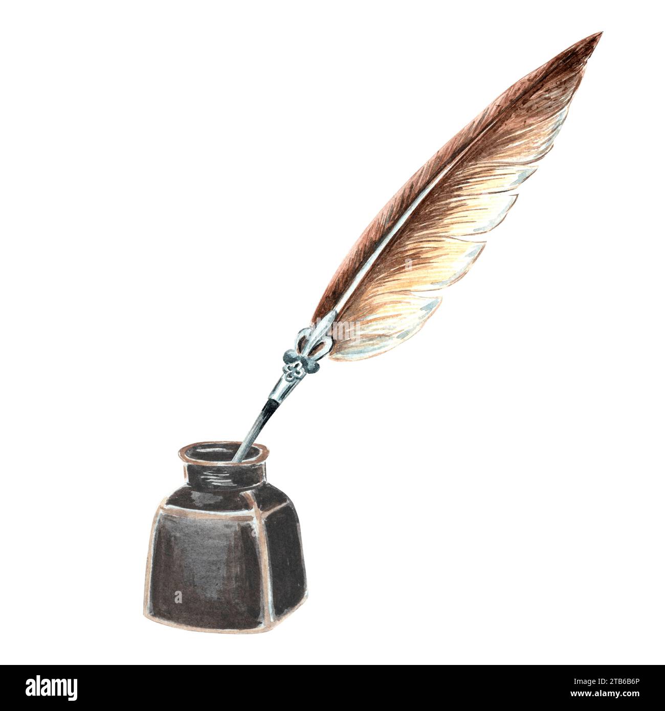 Hand drawn quill pen with an inkwell