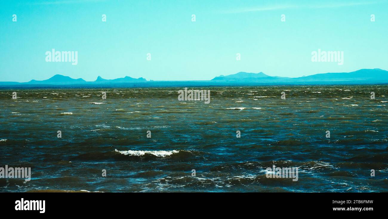 Storm on Lake Siwash. Hypersaline bay of Azov Sea (salinity is 90 ppm), playa ucn. Very heavy Lagrangian wave, frequent breaking crests occur on this Stock Photo