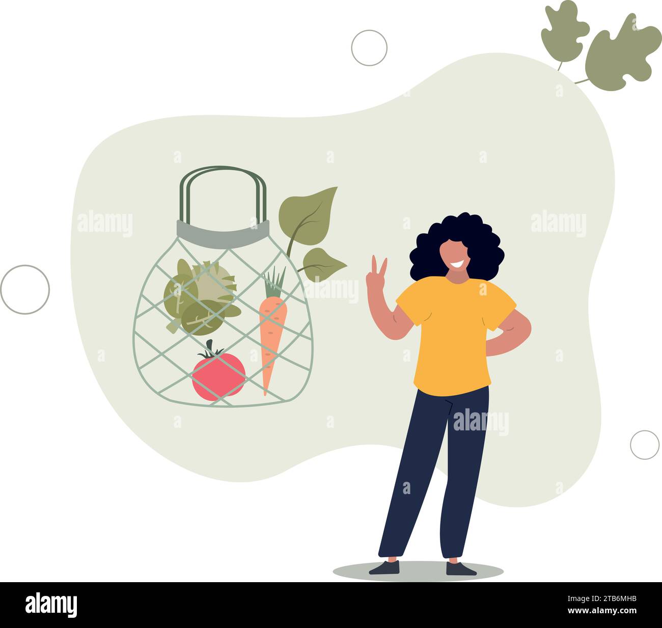 Zero waste. Character using eco friendly reusable crochet bag to reduce