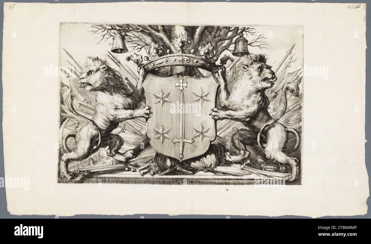 Wapen van Haarlem afbeelding door Romeyn de Hooghe. - s.l. s.n. 1688. - 1 prent op papier kopergravure moet 25,2 x 37,9 cm blad 33 x 55,5 cm Onderdeel van de randversiering, Stock Photo