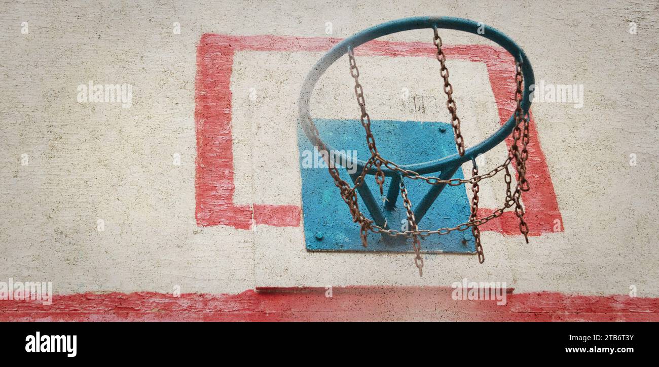 Closeup shot of a basketball ring with metal chains. Concept of success, scoring points and winning. Copy space Stock Photo