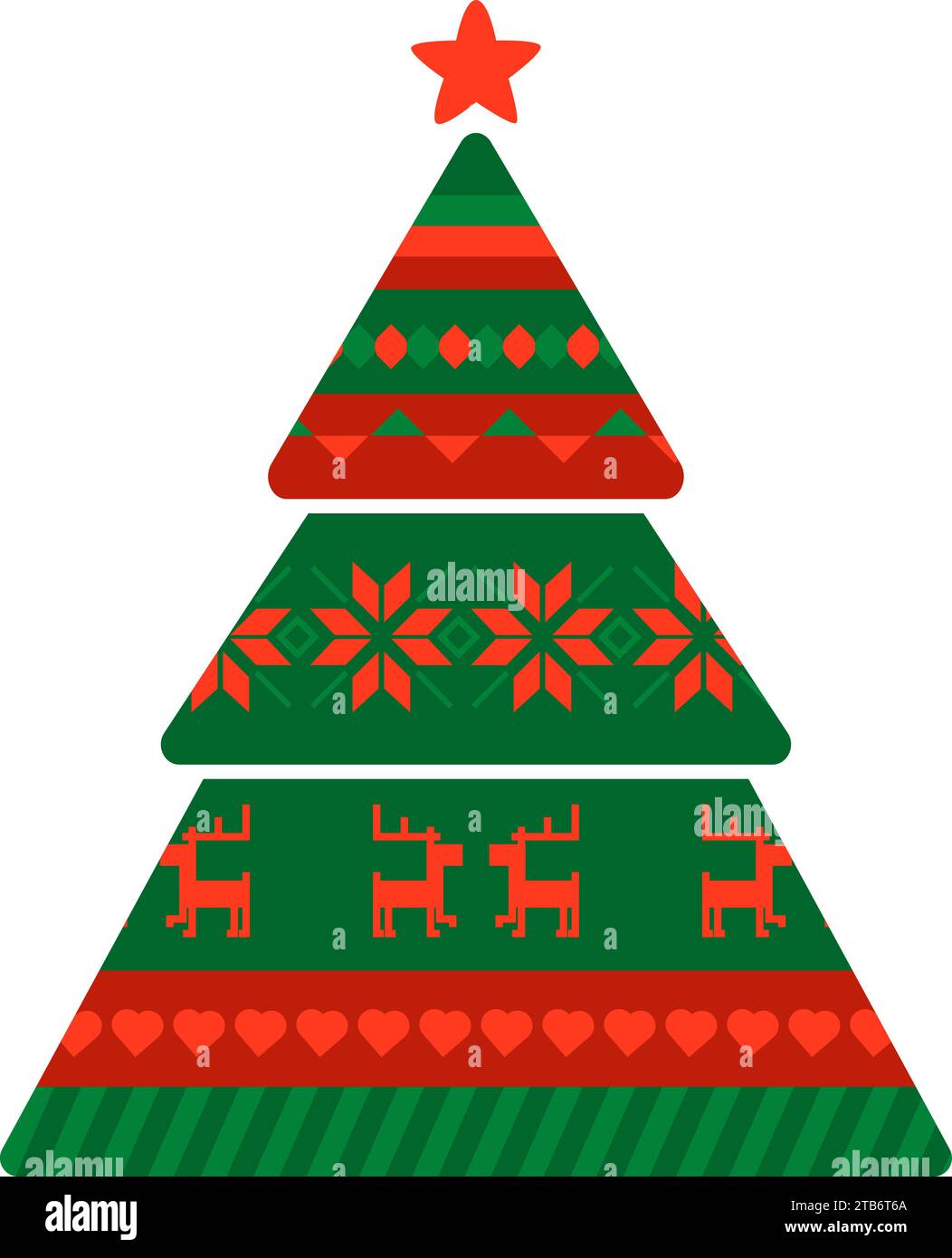 Christmas coniferous tree with Norwegian national holiday pattern in red and green colors. Coniferous Tree in handmade knitted ornate style. Simple fl Stock Vector