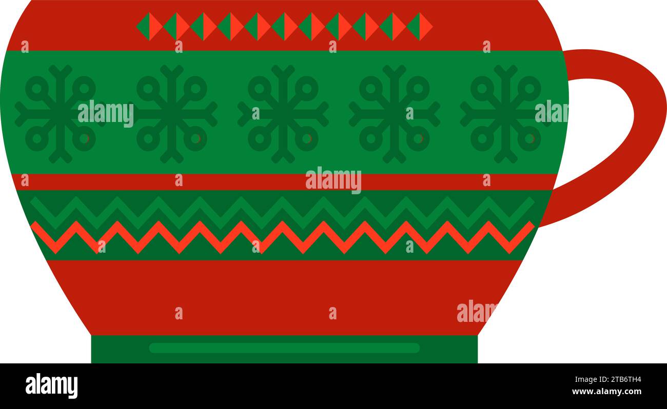 Ceramic cocoa mug with Norwegian national holiday pattern in red and green colors. Cocoa cup in handmade knitted ornate style. Simple flat vector isol Stock Vector