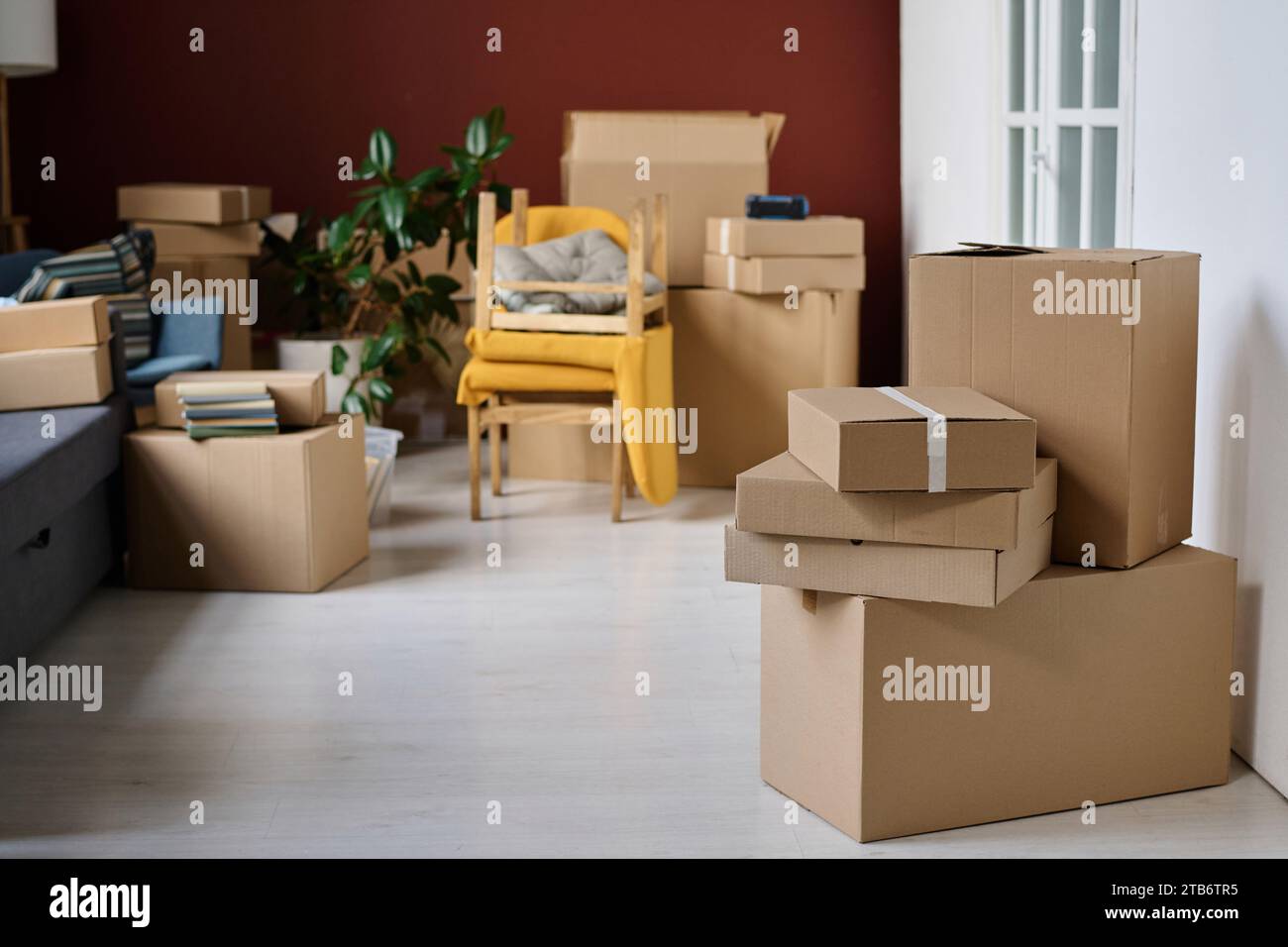 Big empty apartment with things in packed boxes during move Stock Photo