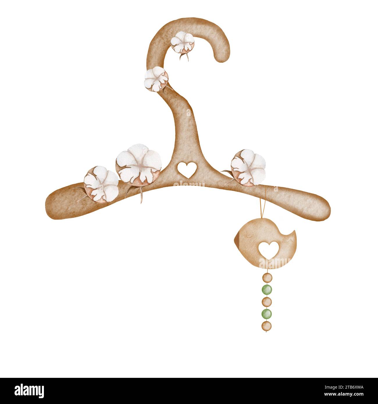 Watercolor drawing of a cute wooden hanger decorated with cotton flowers with a rattle. Pretty illustration for baby shower invitations and cards and Stock Photo