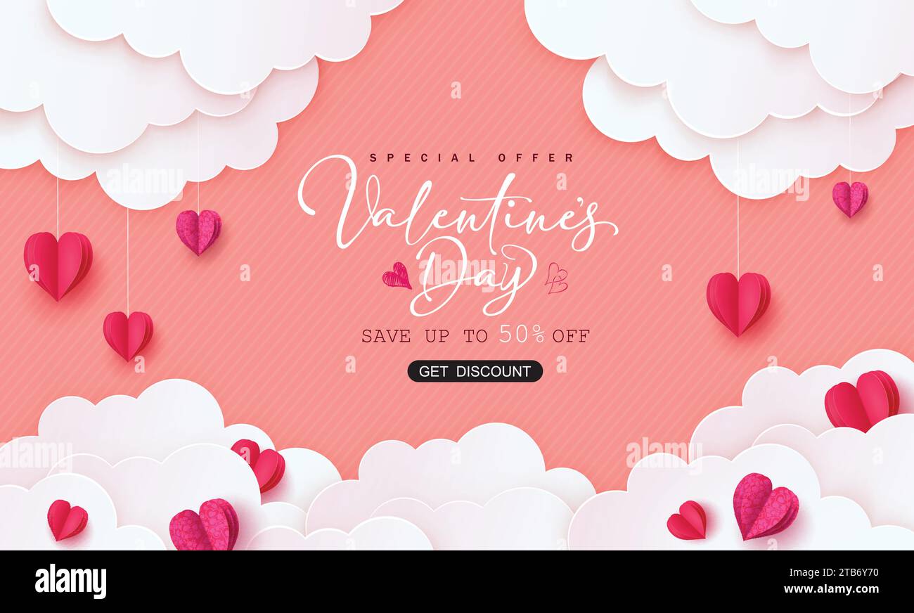 Valentine's day sale paper cut vector banner. Happy valentine's day sale special offer discount text in paper cut template. Vector illustration hearts Stock Vector