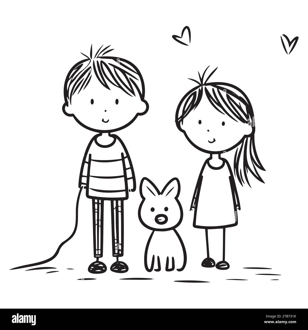 Vector hand drawn Boy, girl and dog Stock Vector