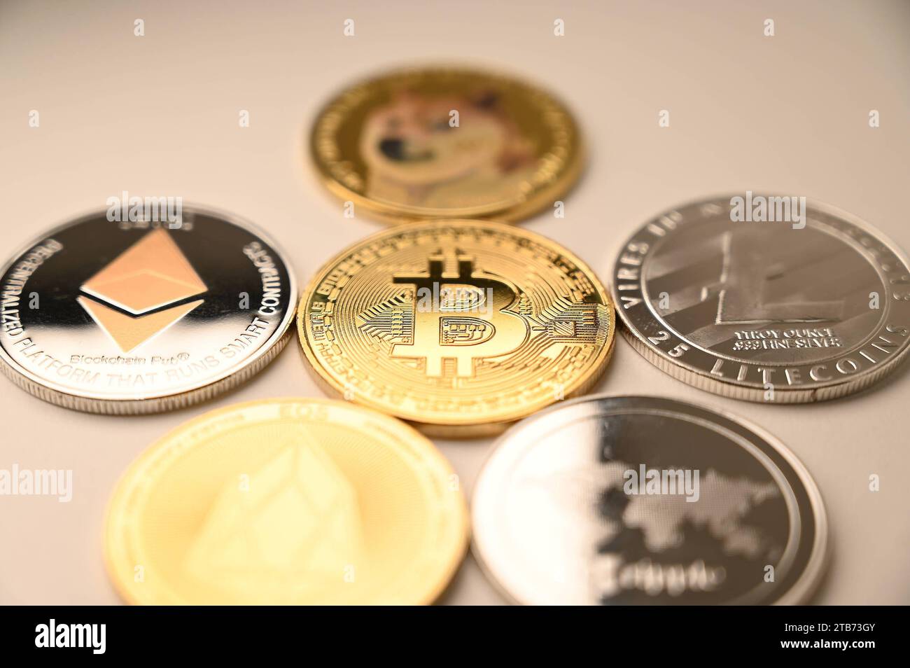 Gold krypto coins bitcoin BTC, paper notes of Russian rubles. Metal coins  are laid out in a background to each other, close-up view from top, crypto  c Stock Photo - Alamy