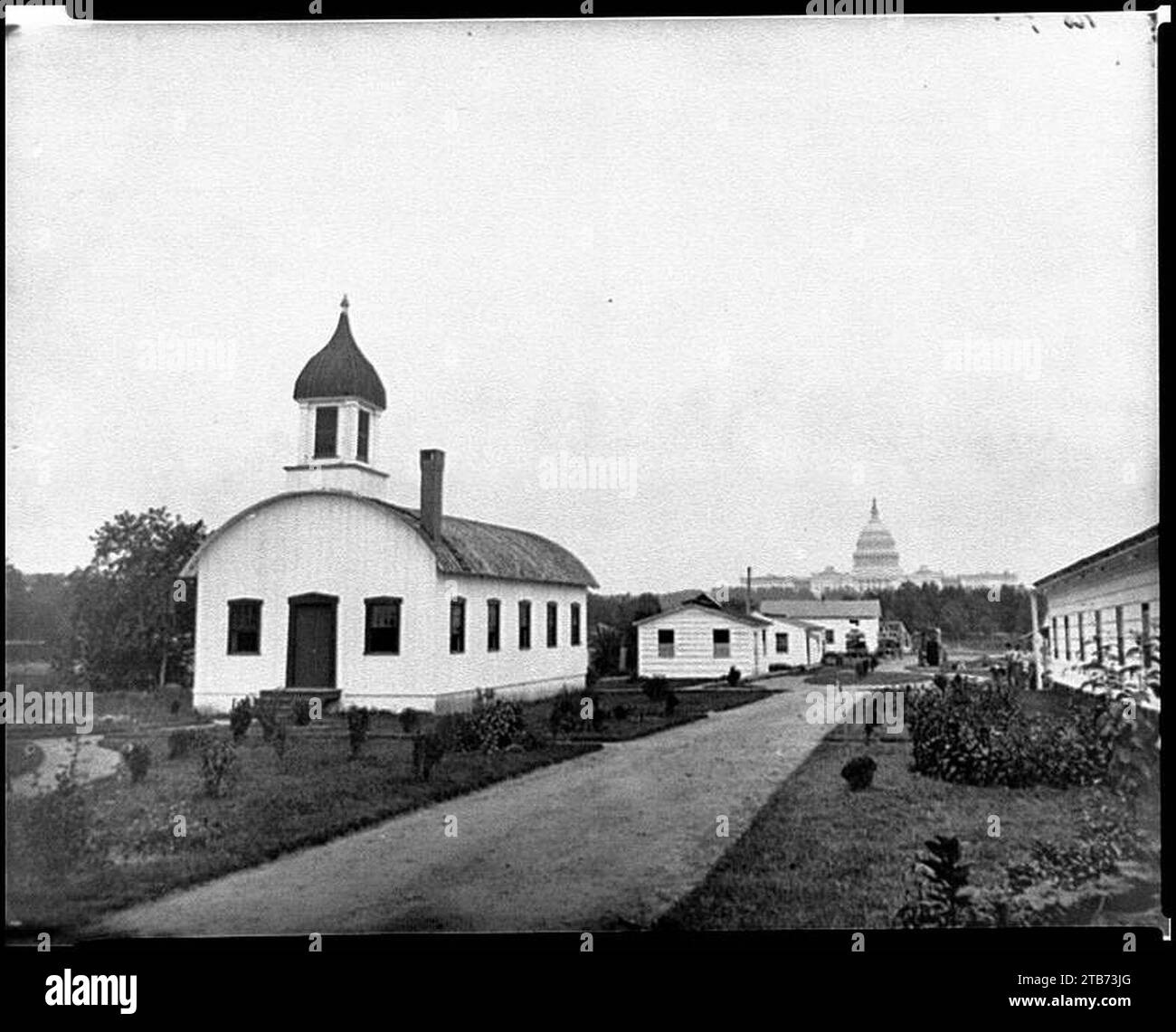 Washington, D.C. Chapel and other buildings of Armory Square Hospital, 6th and B (Independence Ave.) Sts. SW; completed U.S. Capitol in distance Stock Photo