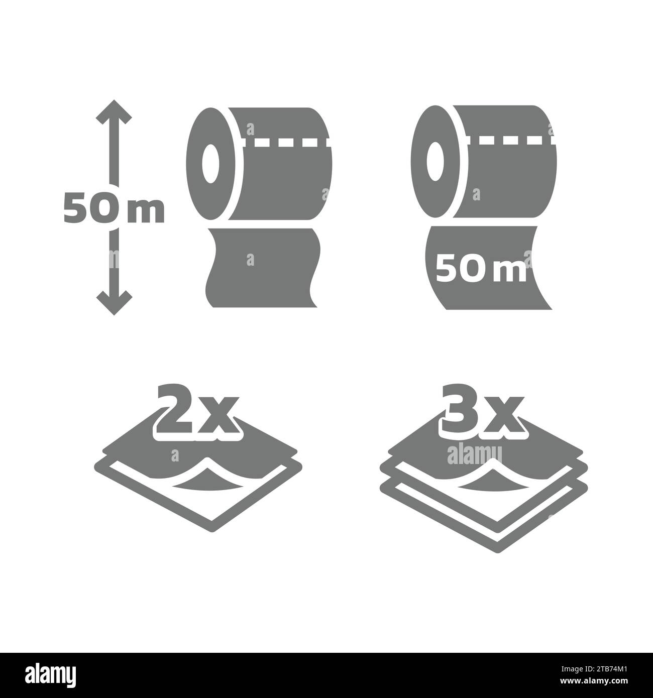 Toilet paper roll length and 2 and 3 layers vector icon set. 50 meters layered long roll paper icons. Stock Vector