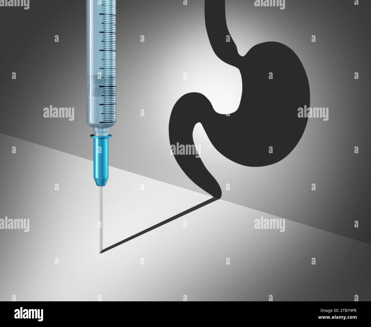 Obesity Management Medicine as a Hypodermic needle or syringe casting a shadow representing a stomach for reducing appetite and weight loss drug. Stock Photo