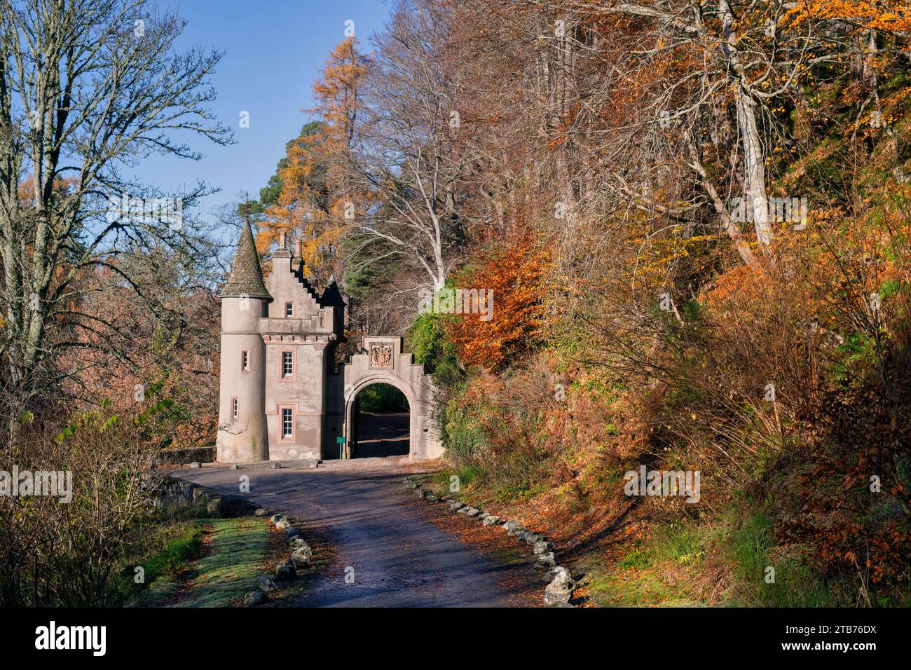 Avon and Castle Gatehouse in November, Ballindalloch, Morayshire, Scotland Stock Photo