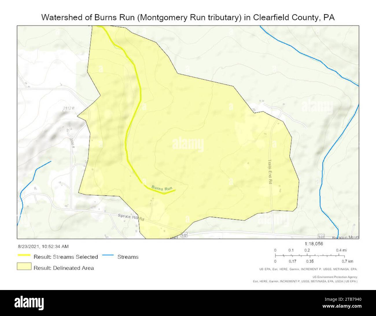 Watershed of Burns Run (Montgomery Run tributary) in Clearfield County, Pennsylvania. Stock Photo