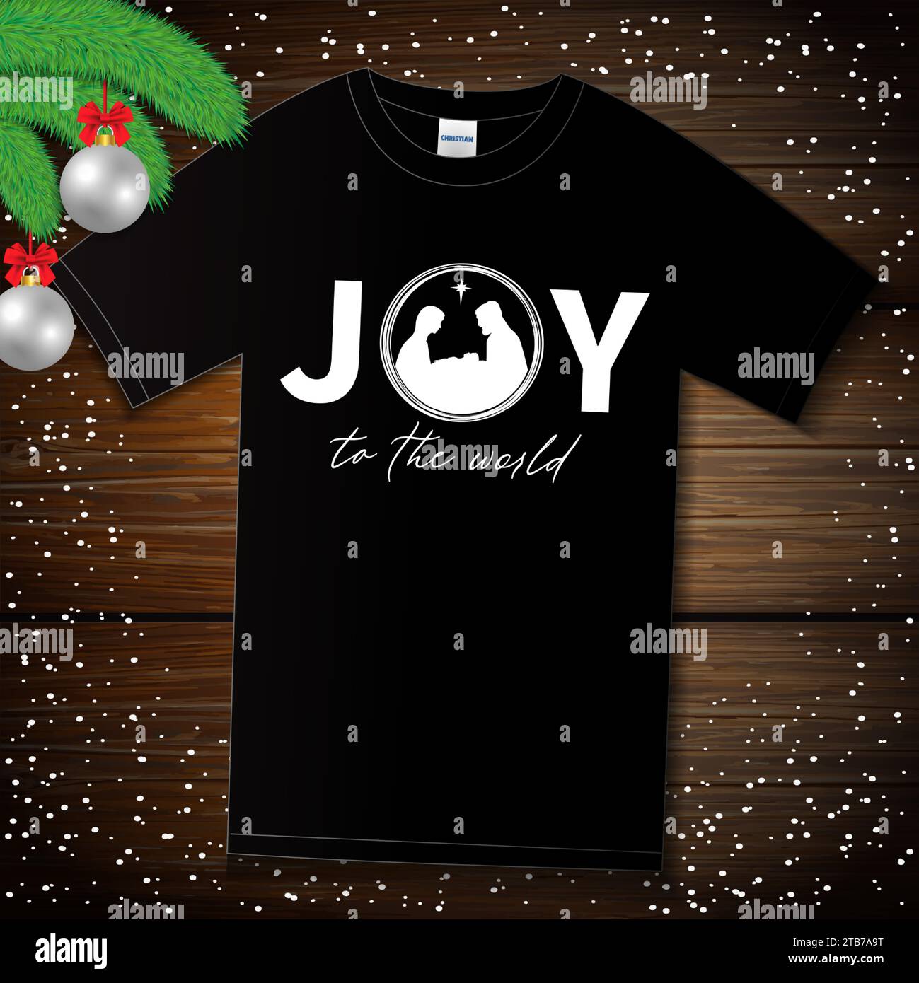 JOY to the world, t shirt with print on wooden board. Nativity typography for social media banner or greeting card. Vector illustration Stock Vector