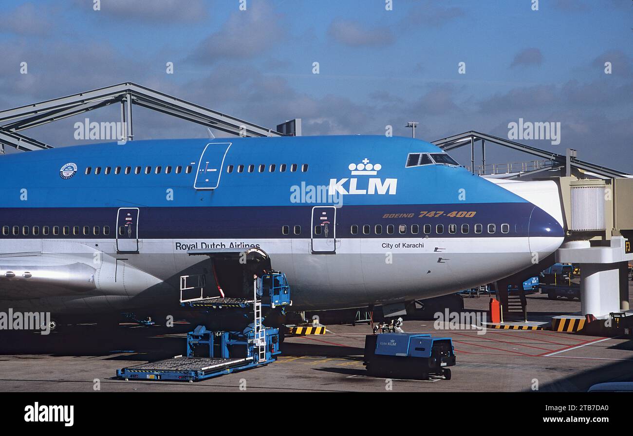 KLM Royal Dutch Airlines Boeing 747 Jumbo Jet Being Loaded City of Karachi Stock Photo