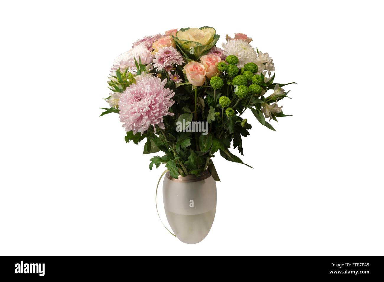 Bouquet of flowers with pink roses, brassica flower, chrysanthemum and freesia flower in a vase isolated on a white background. Stock Photo