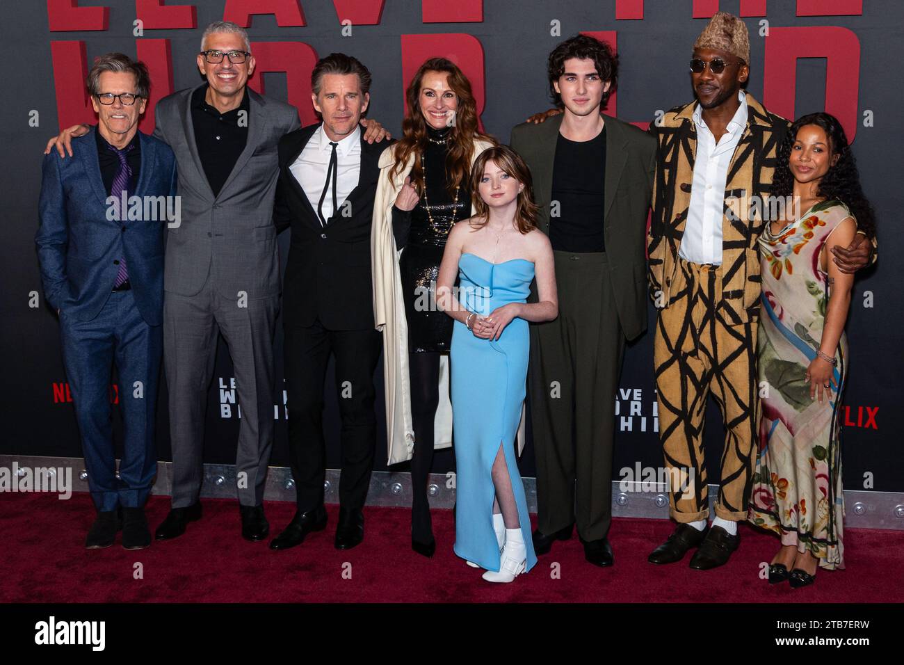 New York City, United States. 04th Dec, 2023. MANHATTAN, NEW YORK CITY, NEW YORK, USA - DECEMBER 04: Kevin Bacon, Sam Esmail, Ethan Hawke, Julia Roberts, Farrah Mackenzie, Charlie Evans, Mahershala Ali and Myha'la Herrold arrive at the New York Premiere Of Netflix's 'Leave The World Behind' held at The Paris Theater on December 4, 2023 in Manhattan, New York City, New York, United States. (Photo by Christian Lora/Image Press Agency) Credit: Image Press Agency/Alamy Live News Stock Photo