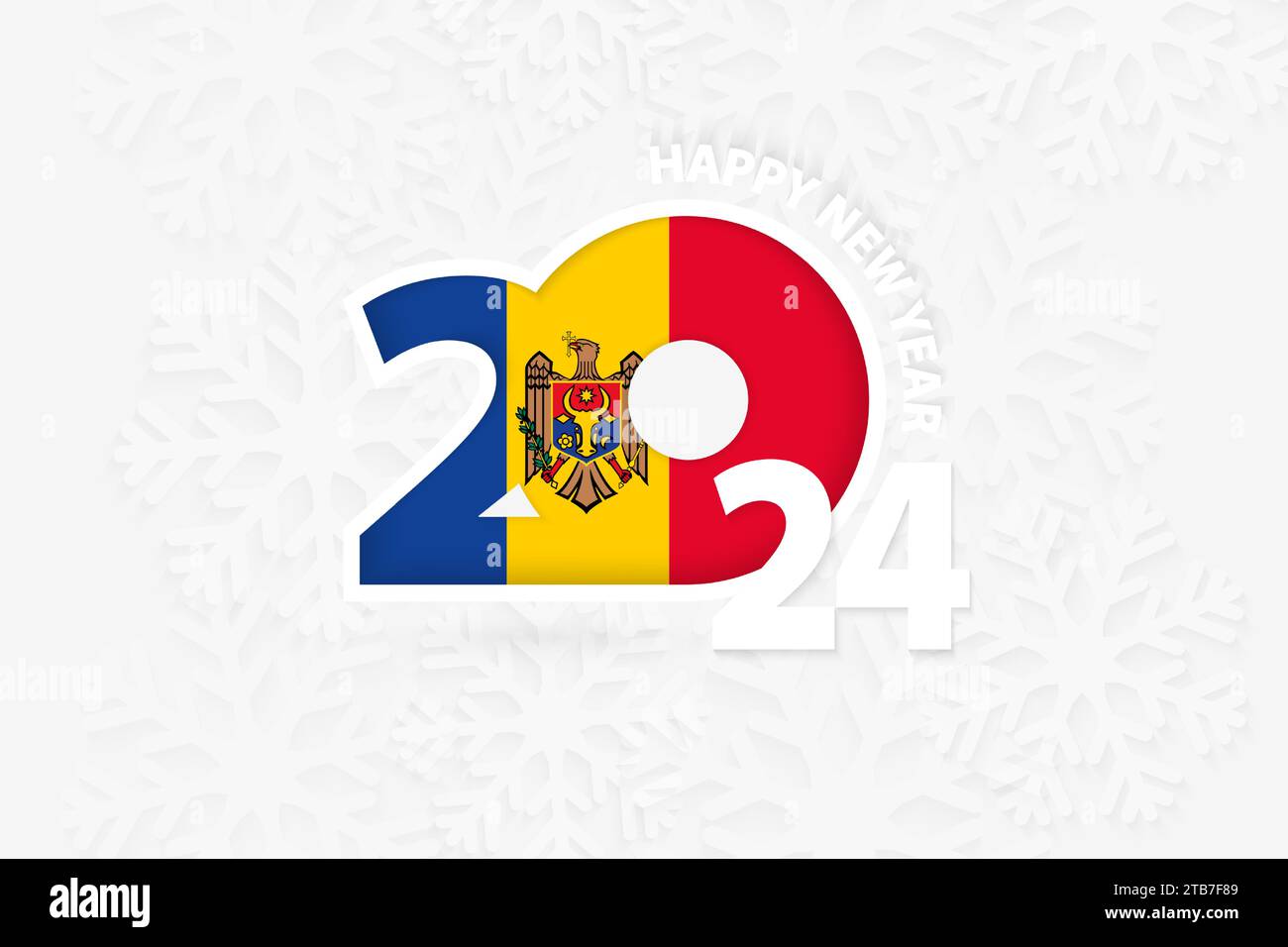 New Year 2024 for Moldova on snowflake background. Greeting Moldova