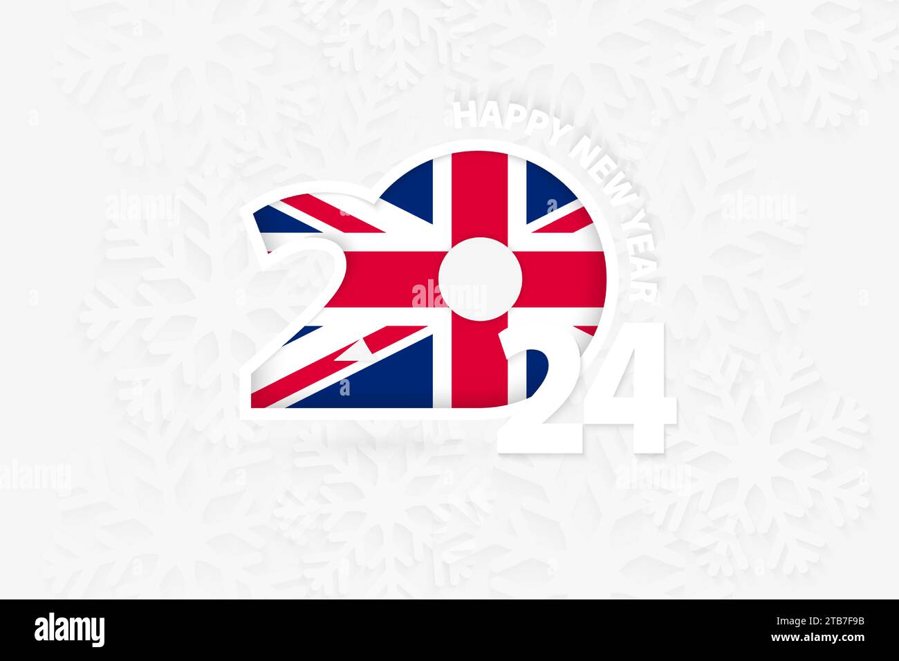 New Year 2024 for United Kingdom on snowflake background. Greeting