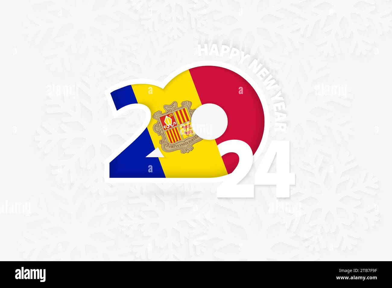 New Year 2025 for Andorra on snowflake background. Greeting Andorra